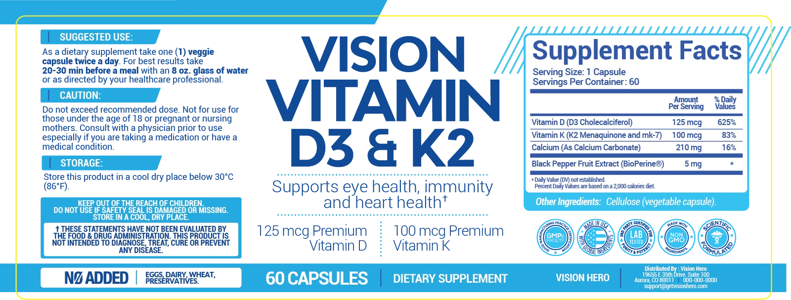 Vision Vitamin D3 + K2 supplement facts label