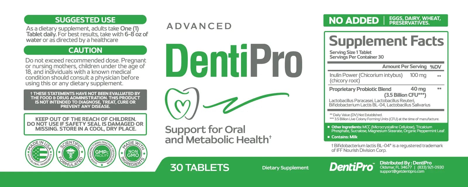 DentiPro supplement facts label