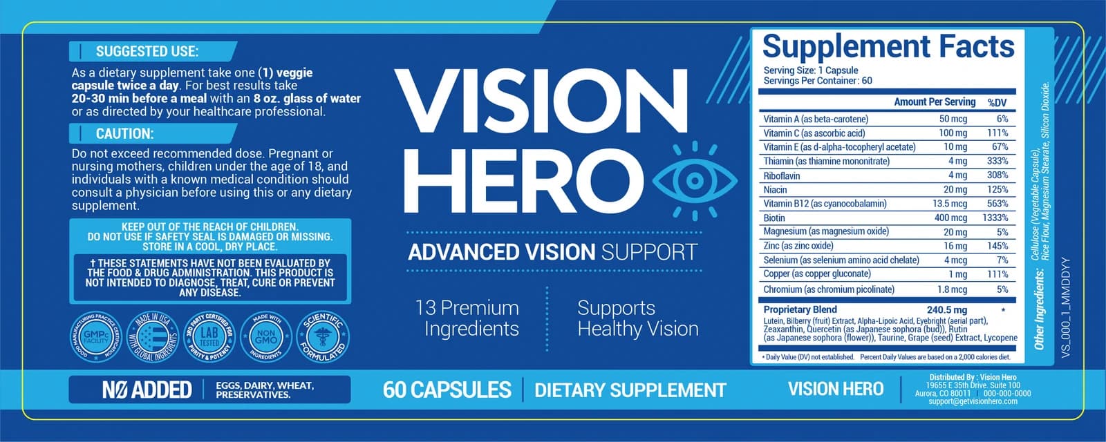 Vision Hero supplement facts label