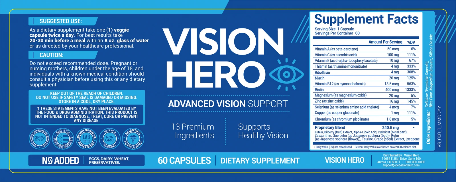 Vision Hero supplement facts label