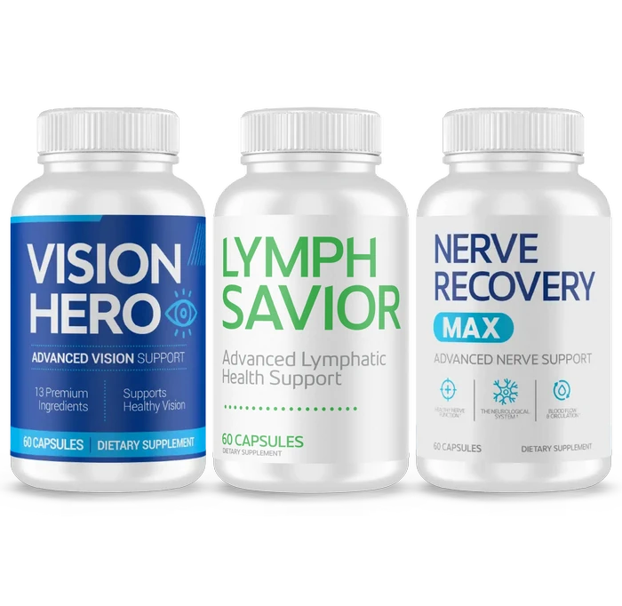 Vision Hero, Lymph Savior, and Nerve Recovery Max supplements